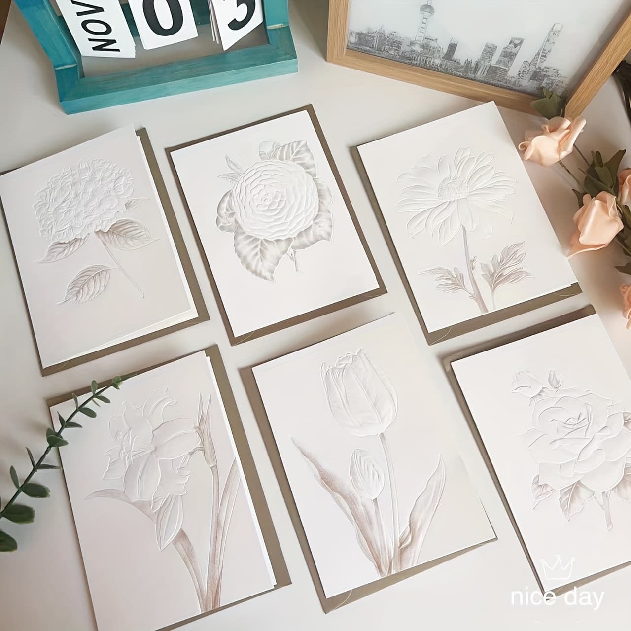 TEMU Elegant Floral Embossed Greeting Card Set With Envelopes, 5x7 Inch - 6 Blank Inside Pages For Birthdays, Weddings & Business Invitations