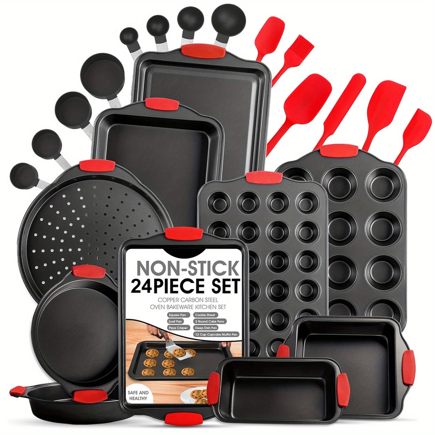 TEMU Nonstick Bakeware Set - 24pcs Baking Pan Tray Set With Silicone Handles & Utensils, Baking Sheet, Carbon Steel , Baking Dish, Baking Pans, Black