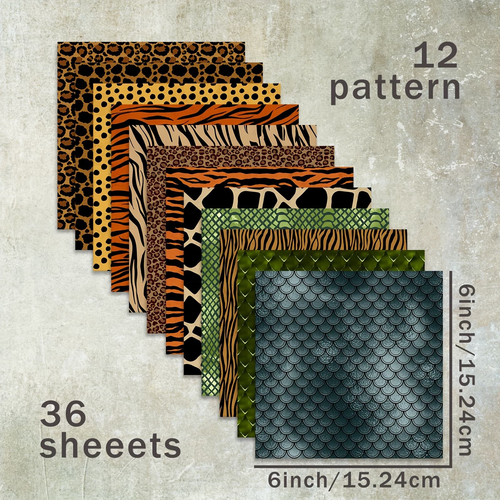 TEMU 36 Sheets Of 6-inch Leopard Print Tiger Fish Scale Spotted Paper, Suitable For Bullet Diary Trash Magazine Greeting Card Background Photo Album And Crafts