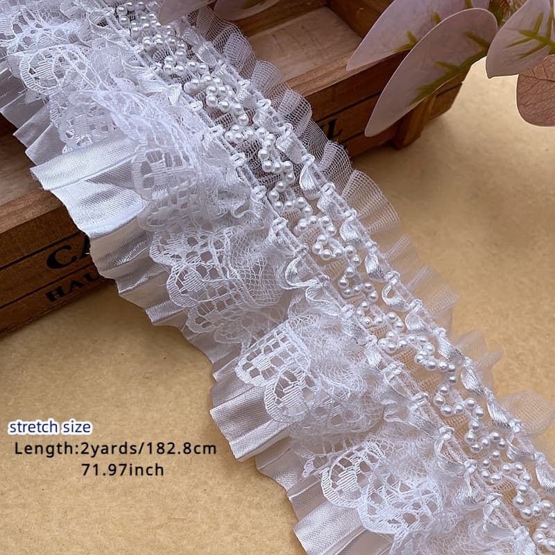 TEMU Elastic Lace Trim With Pearls, Stretch Pleated Lace For Crafts, Dress And Sleeve Embellishments, Sewing Accessories