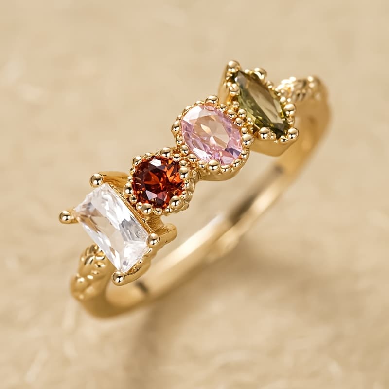 TEMU Retro Multicolor Synthetic Colored Gemstone Ring Women's Casual Vacation Fashion Ring Jewelry