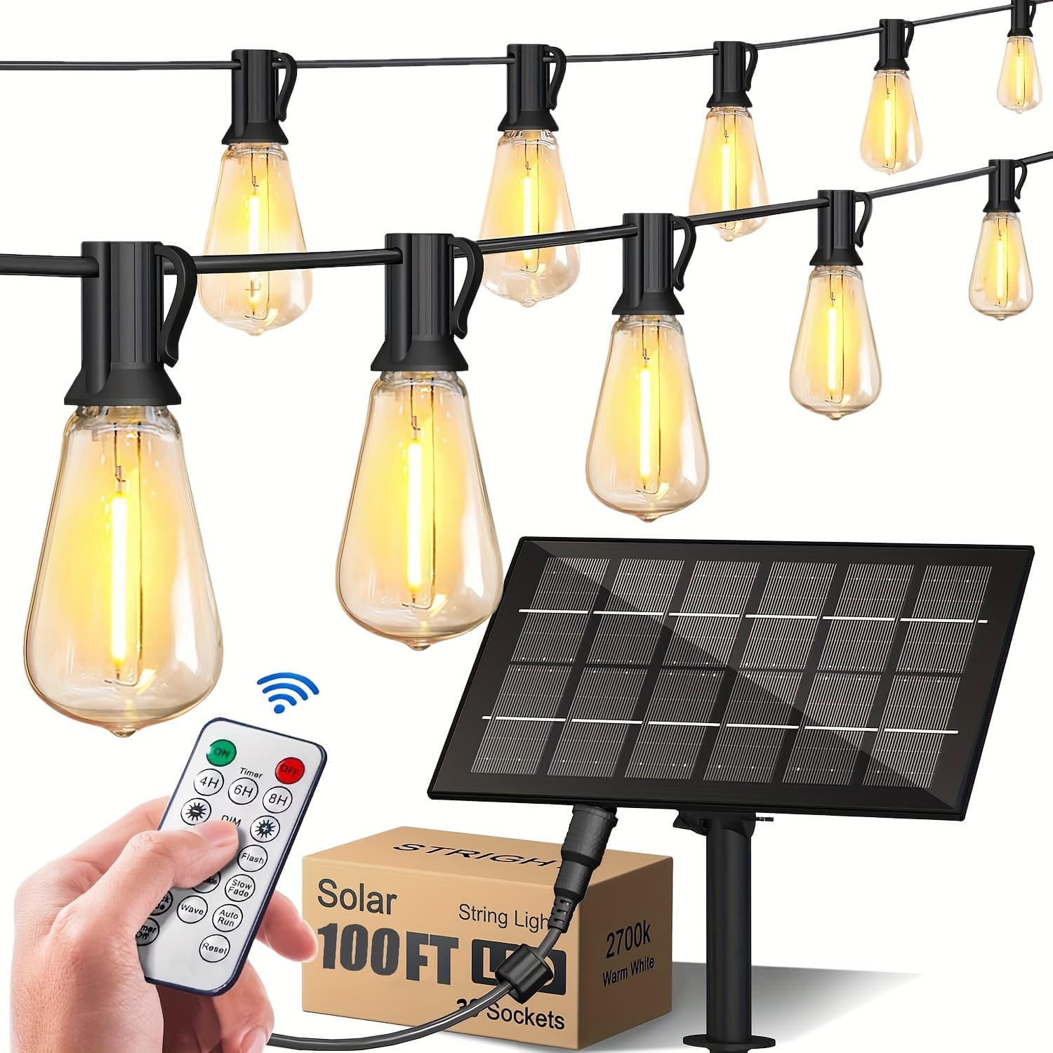 TEMU 100ft/50ft Led Outdoor Solar Yard Light - Shatterproof St38 Retro Edison Bulb, Exterior Hanging Lantern For Porch, Deck, Garden, Backyard, Balcony, Warm White Light With Replacement Bulb