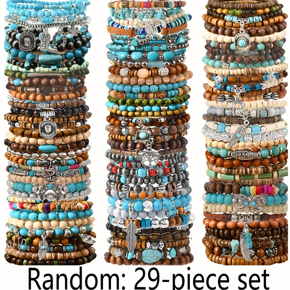 TEMU Multi-style Combination Set Wooden Beaded Vintage Fashion Bracelet, Random 29pcs Set With Random Patterns And Colors, Christmas Gift, Halloween Gift, New Year's Gift