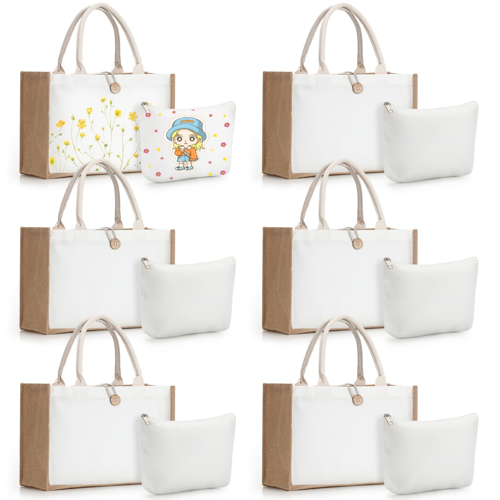 TEMU 12pcs Sublimation Blank Tote And Makeup Bags Set, Reusable Canvas Polyester Tote Bags For Diy Craft Burlap Gift Makeup Cosmetic Pouches For Women Shopping Grocery Bridesmaids