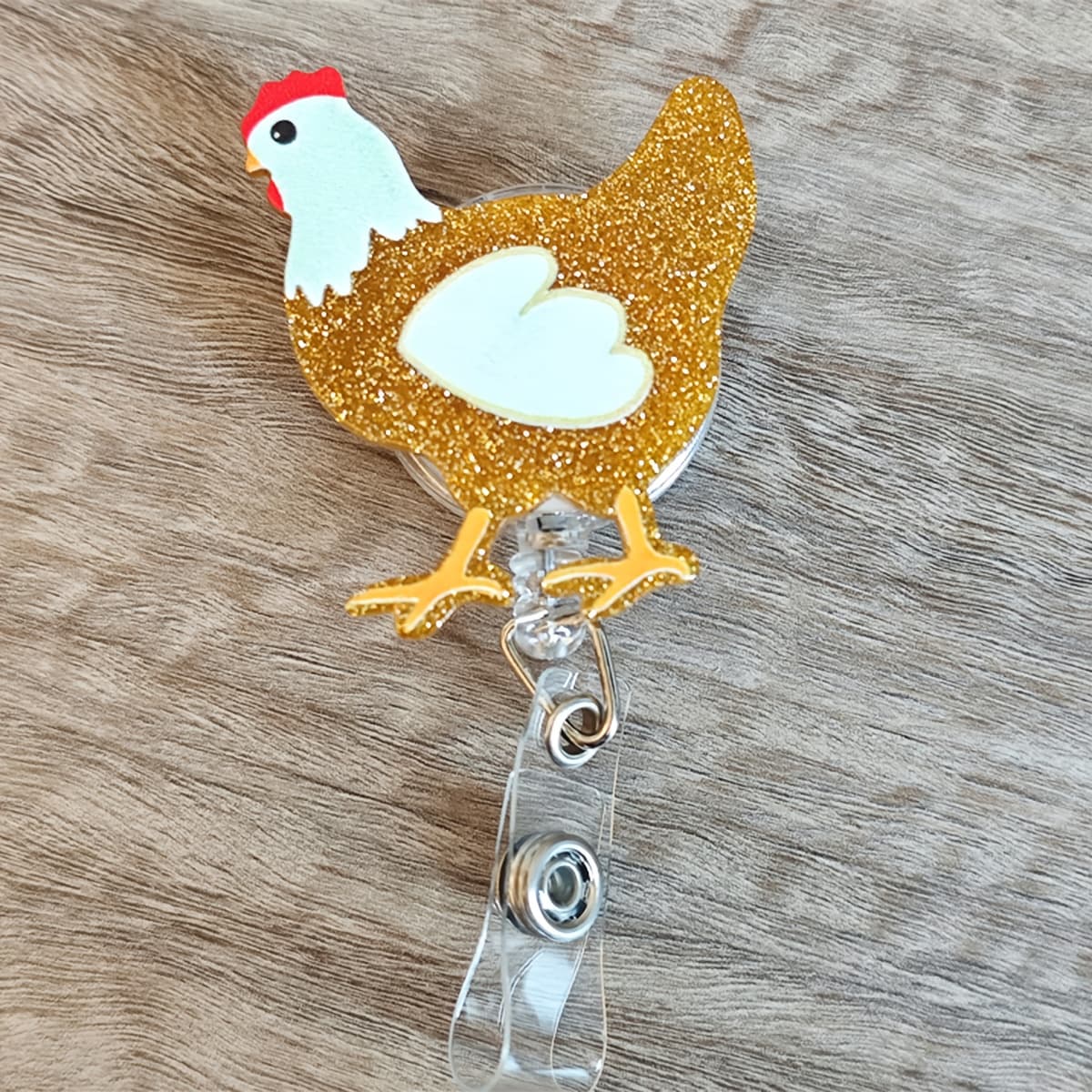 TEMU 2d Flat, 1pc Creative Sequin Design Chicken Acrylic Retractable Badge Reel - Ideal For Teachers, Doctors, Nurses|office Gift|with White Lanyard|acrylic Badge Holder, 2d Flat