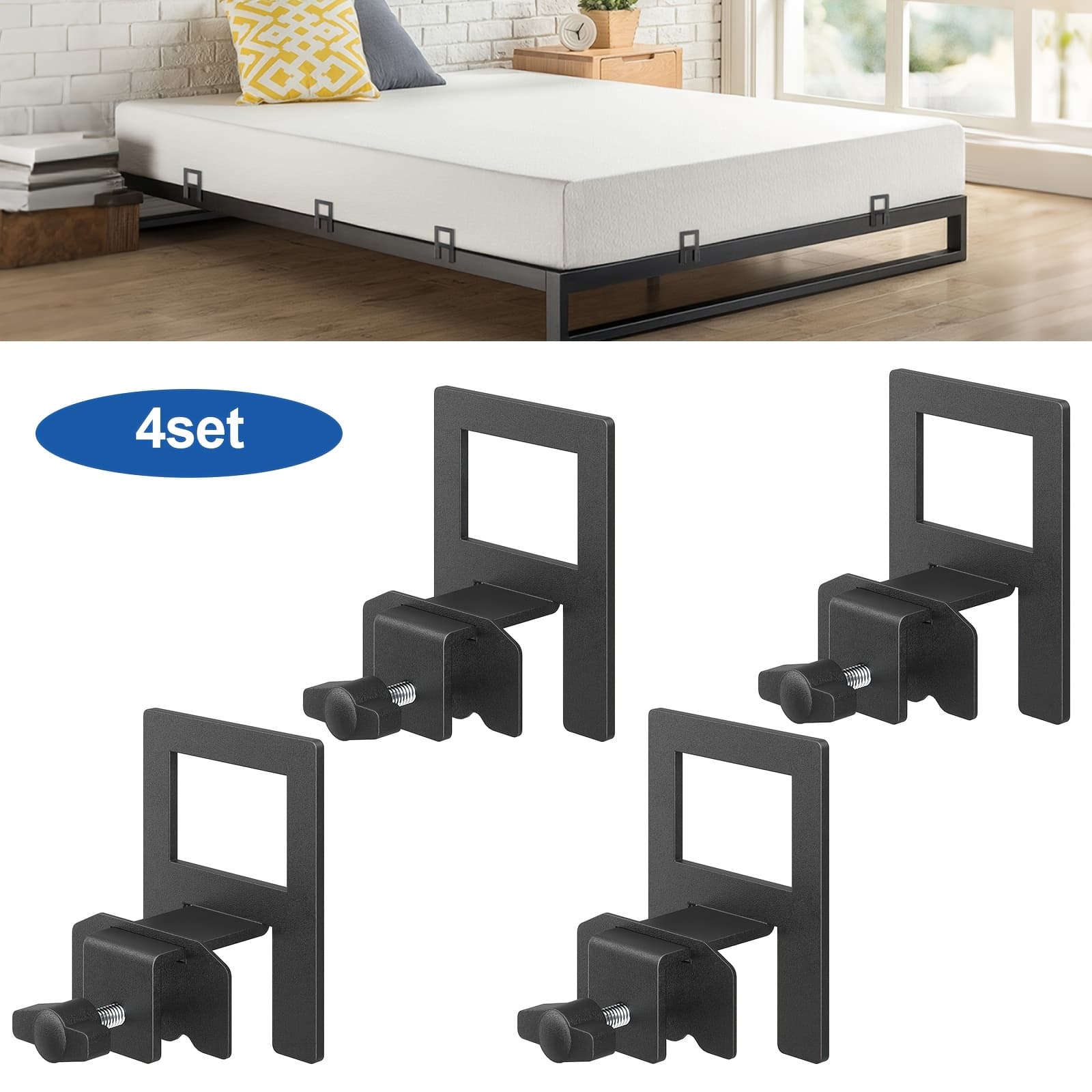 TEMU 4 Sets Easy-install Non-slip Mattress Grippers, Adjustable Heavy Duty Anti-slide Brackets With Screws, & Thicker Black Holder Clips For Metal Bed Frames, Prevents Mattress Sliding