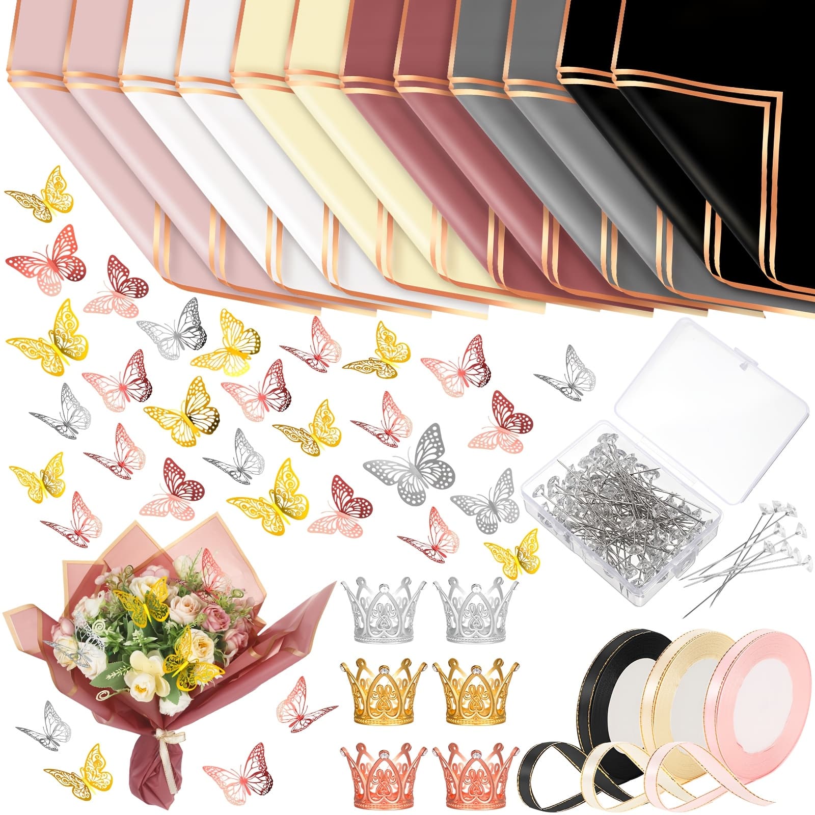 TEMU 243 Waterproof Flower Wrapping Paper For Bouquets, Featuring Decorations, Crown Ribbons, Bouquet Needles, And Glue, Perfect For Crafts In Trendy Colors