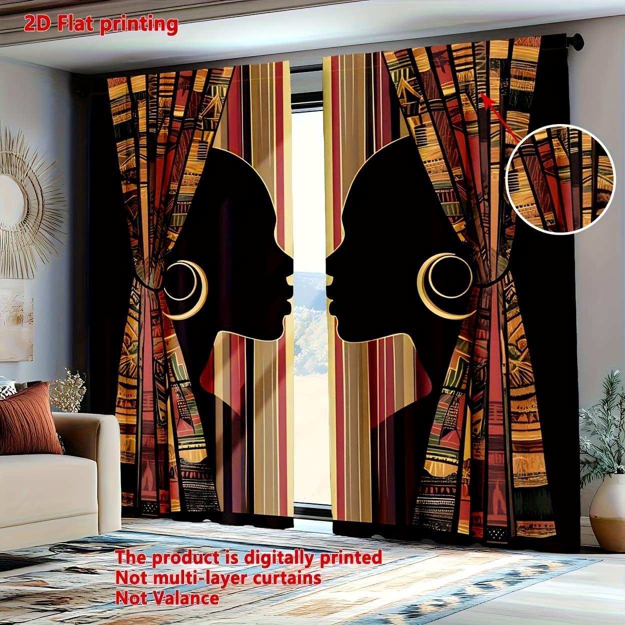 TEMU 2d Flat - 2d Flat - Set Of 2, Single-layer Flat Printed Curtains Featuring Tribal Ethnic Designs Of African Women, Ideal For Decorative Use Room