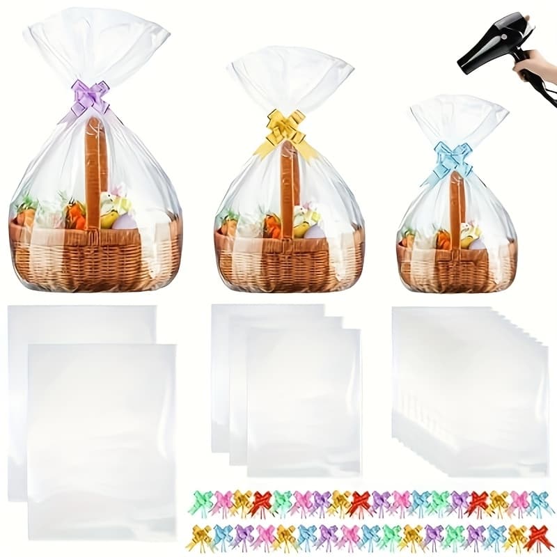 TEMU 100pcs 3 Sizes Shrink Wrap Bags For Gift Baskets 20" X 28" 16" X 24" 14" X 18" Clear Plastic Heat Shrink Cellophane Bags And 6 Color Pull Bows For Easter Christmas Baskets Packaging