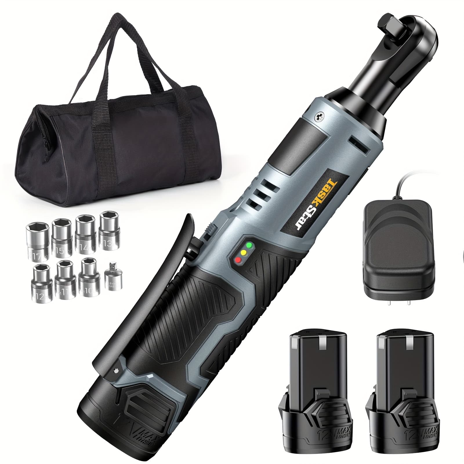 TEMU Taskstar 3/8" 40n.m Electric Ratchet Wrench, 29.5ft-lbs Ratchet Wrench Set With 2x2.0ah Batteries, 200rpm Compact Ratcheting Wrench With 7 Sockets For Ebikes, Garden Sheds, Motorcycles, And