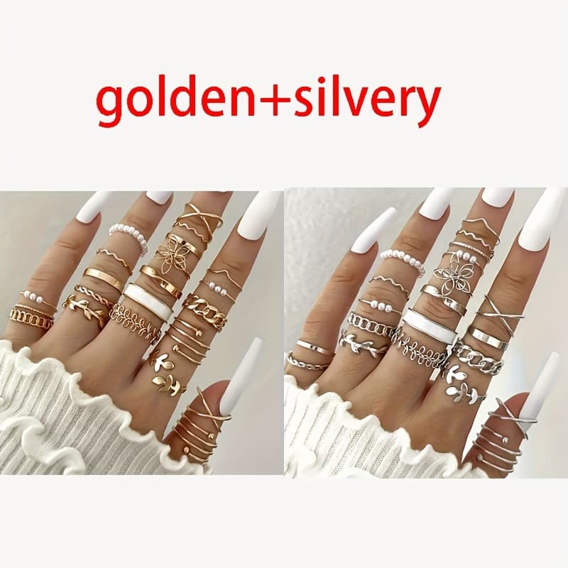 TEMU 44pcs/set Simple And Elegant Style Stacked Golden And Silvery Jewelry