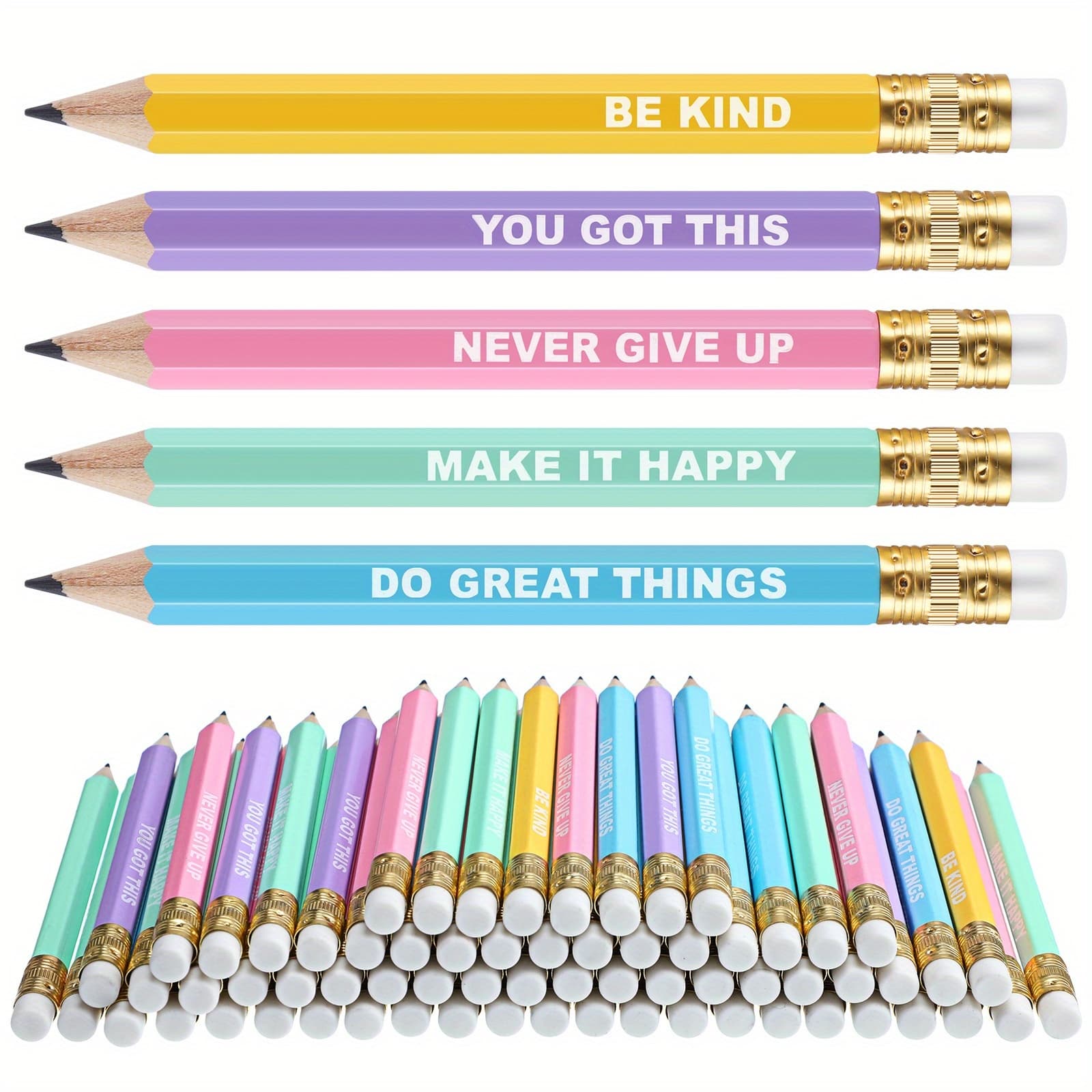 TEMU 50pcs Inspirational Golf Pencils Christmas Half Pencils Bulk With Eraser Back To School Gifts For Boys, Girls, Students And Teachers Office Supplies(candy Color, Inspirational)