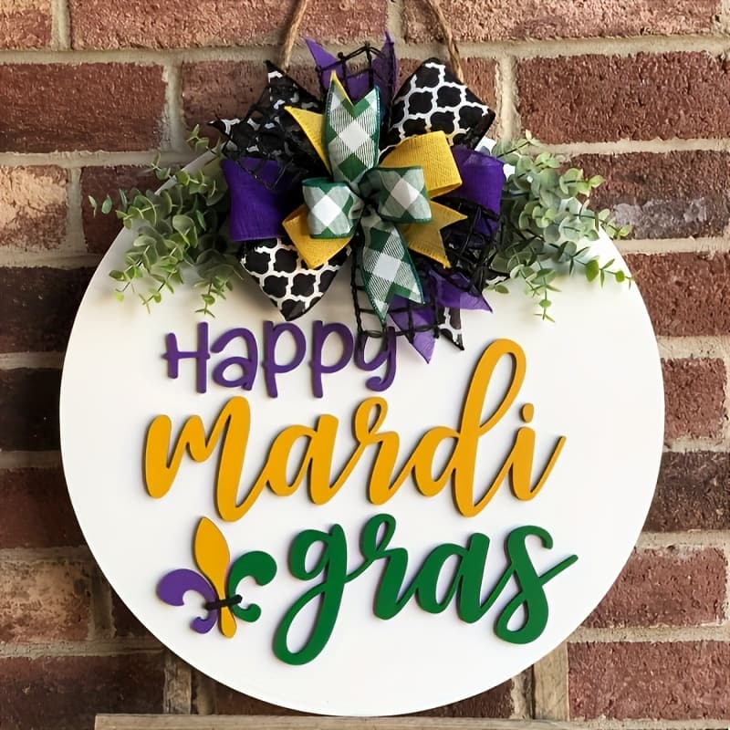 TEMU Wood Mardi Gras Wreath Door Hanger - 3d Fleur & Circle Rustic Farmhouse Porch Decor, New Orleans Themed Outdoor/ Hanging Decoration For Mardi Gras Parties, -mounted Installation, Gift