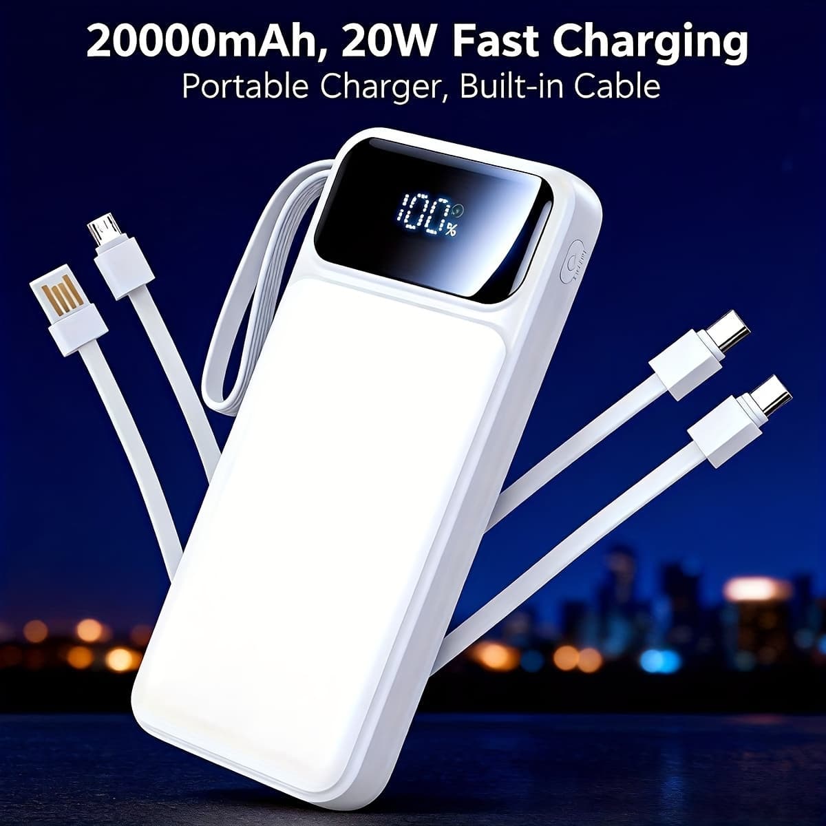 TEMU Power Bank: 20000mah, 20w Fast Charging Portable Charger, Built-in Cable, Usb C Battery Pack, Ultra-thin Portable Mobile Phone Charger. Spare Battery Suitable For All Mobile Phones And Tablets