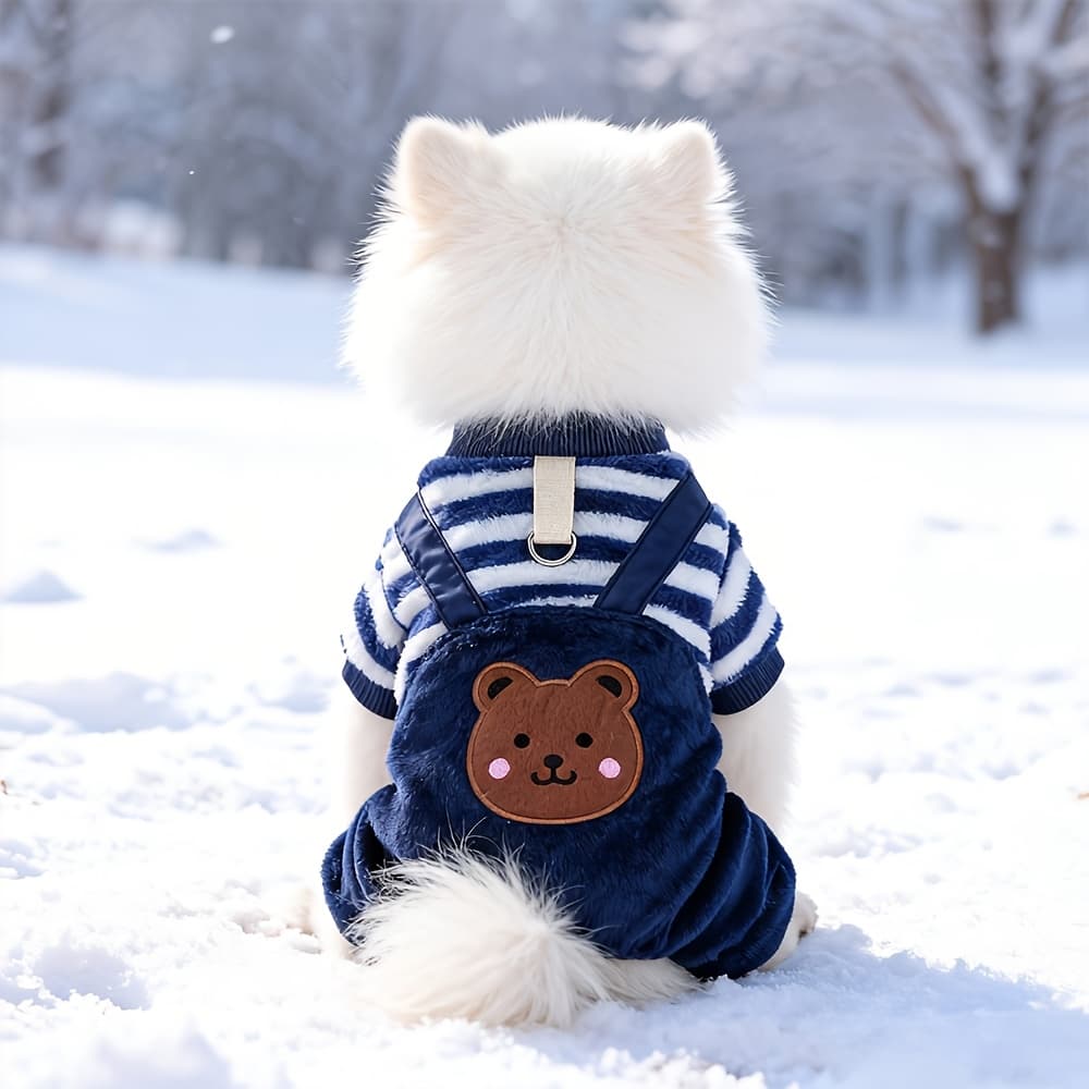 TEMU Dog Winter Fleece Overalls Cute Bear Embroidered Striped Warm And Cold-proof Outdoor Traction Suitable For Small Dogs And Cats Clothing