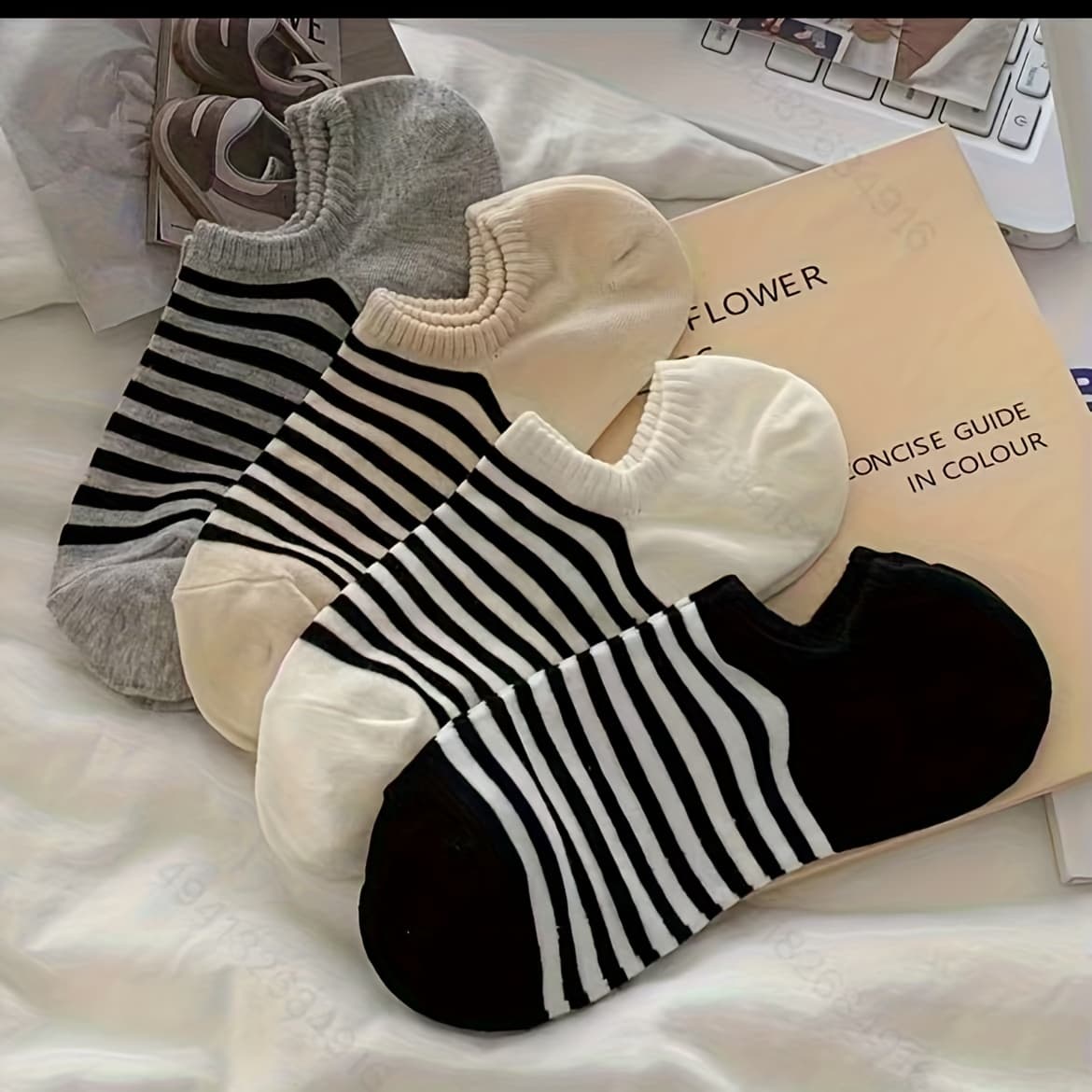 TEMU 4 Pairs Striped Low-cut Socks, Easy Lightweight Invisible Socks, Women's Hosiery And Socks, Minimalist Women's Invisible Boat Socks - Suitable For All