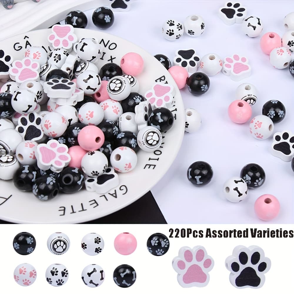 TEMU 220pcs Random Style Dog Wood Beads Paw Bone Wooden Beads Black White Pink Mixed Color Dog Footprint Craft Beads Loose Spacer Beads For Jewelry Making