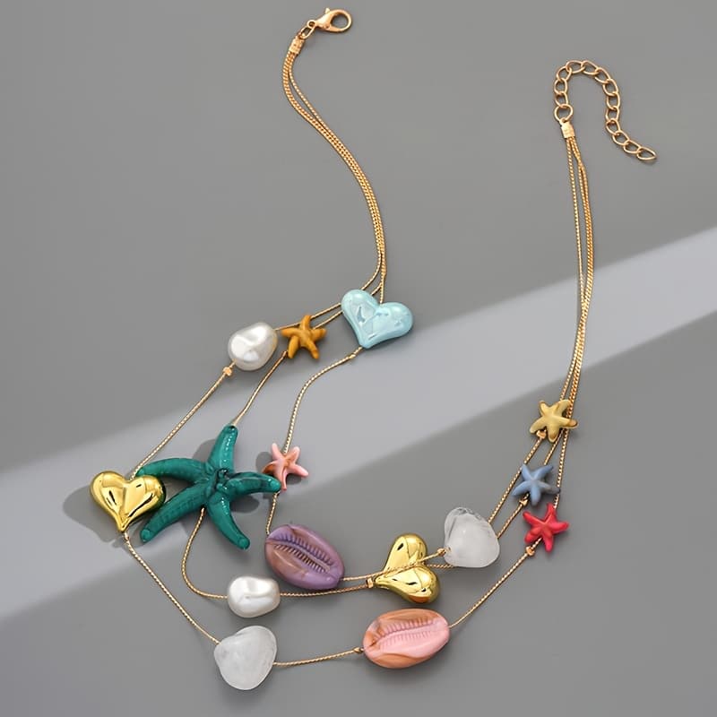TEMU Women's Boho Chic Necklace The Beach - Features Colorful Resin Charms Of Starfish And Seashells With Heart Details, Ideal For Everyday Use And Celebrations, Vacation Additions | Bohemian Style