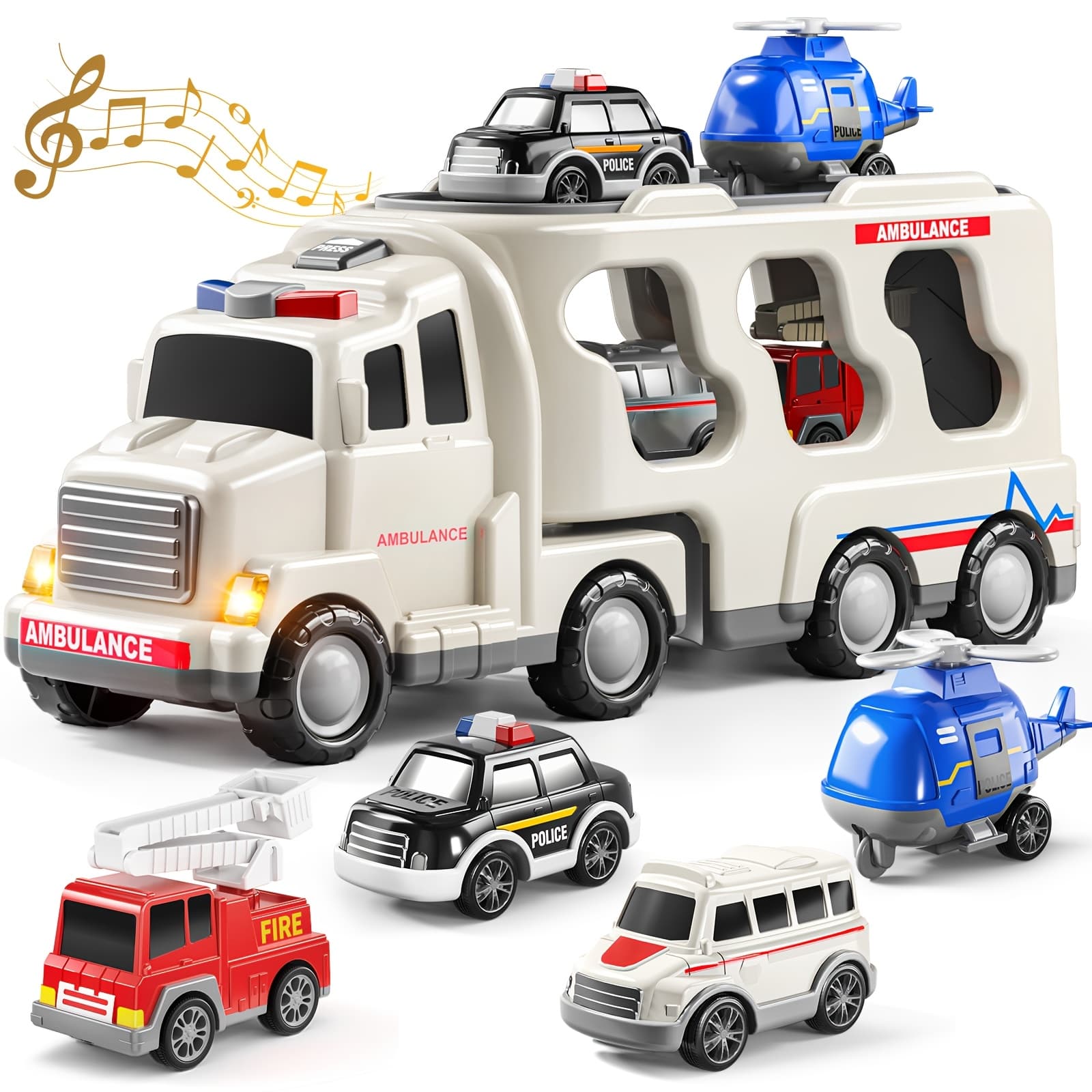 TEMU Ambulance Truck 5 In 1 With Lighting & Sound, Friction Power Vehicle, Rescue Helicopter, Police Car, Fire Truck, Ambulance, Christmas, Birthday Gift, Interactive Toy Combination Toy Car