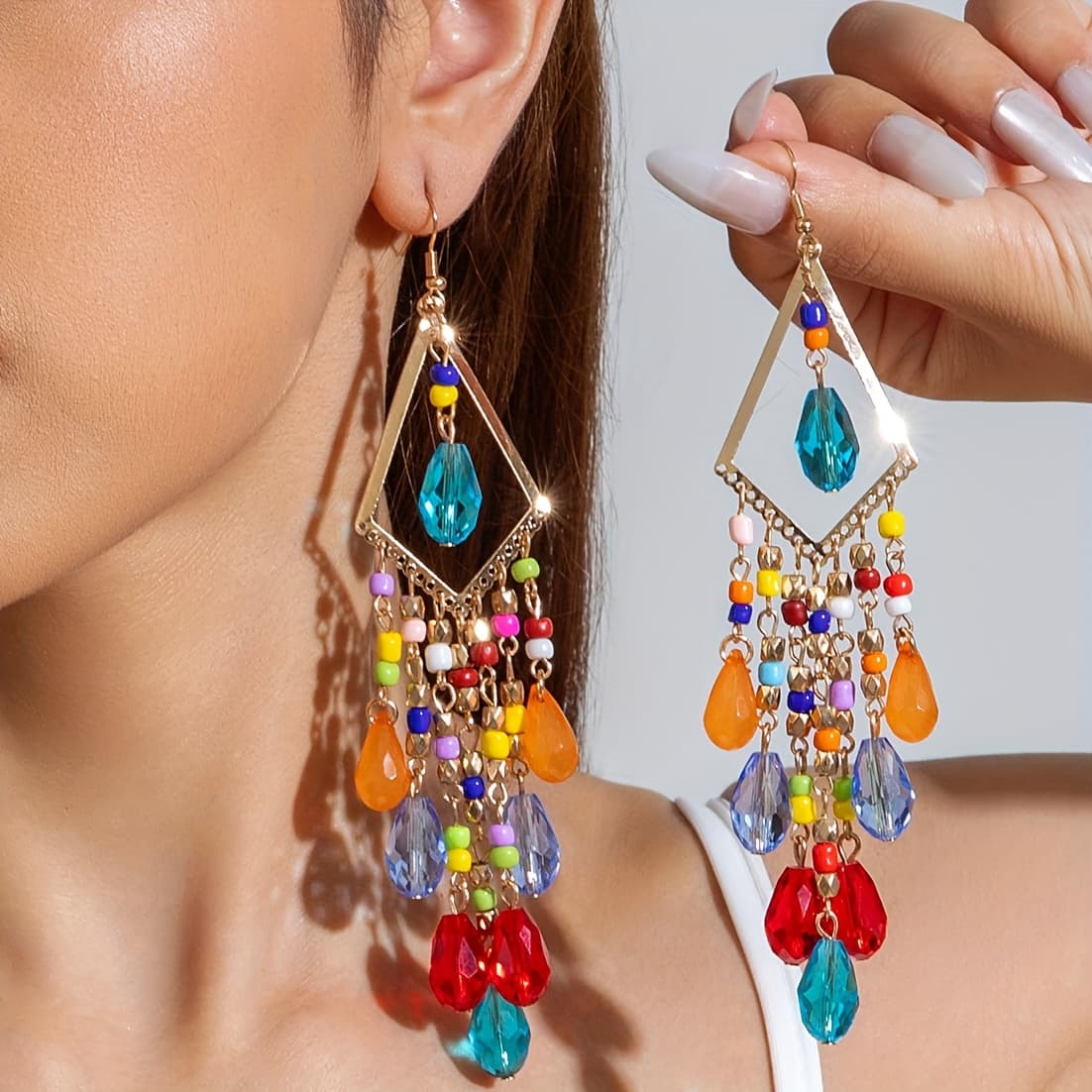 TEMU A Pair Of Colorful Teardrop-shaped Glass Bead Tassel Earrings With Metal Hollow Pendants, Perfect Gifts For Women At Parties, Evening Events, Or Vacations To Give