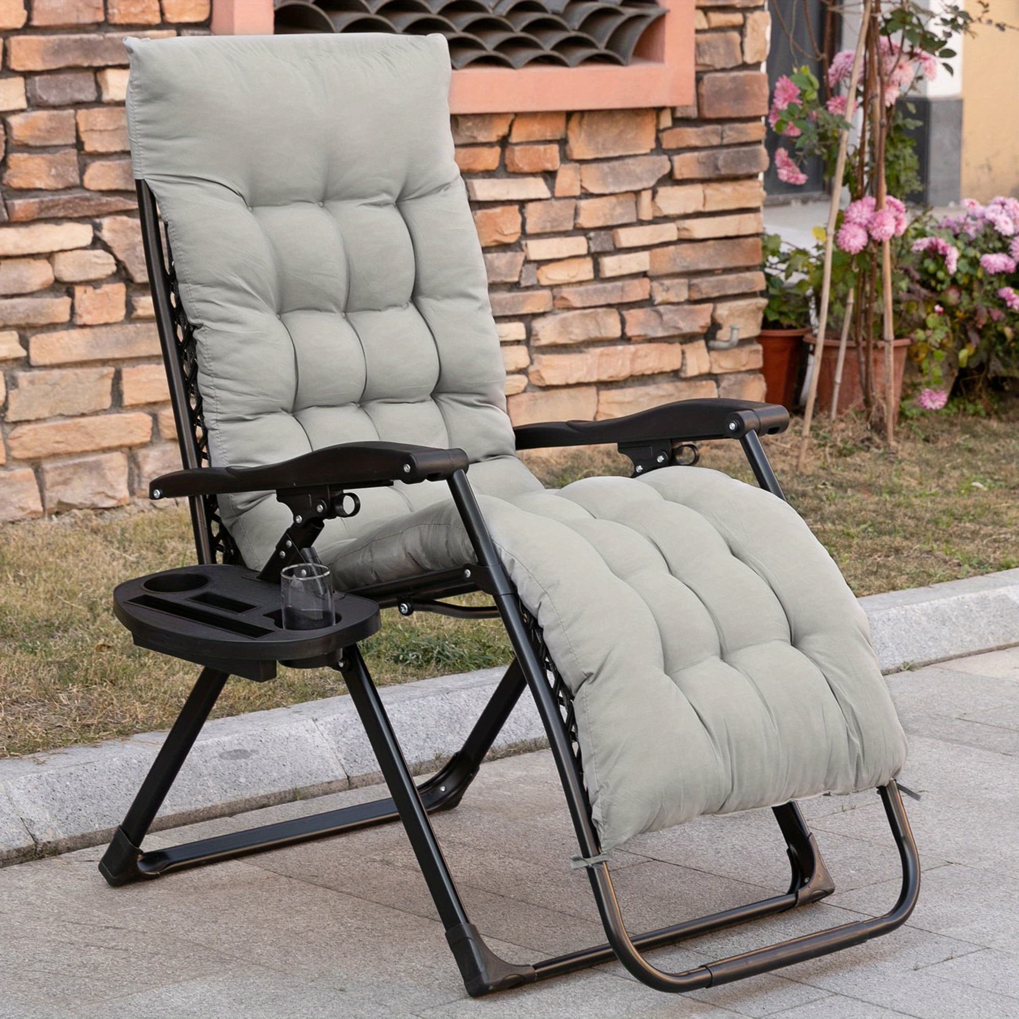 TEMU [] Outsunny Folding 0 Gravity Recliner Chair With Padded Seat & Backrest, Grey – Adjustable Headrest, Armrests, And Durable Metal Frame For Outdoors