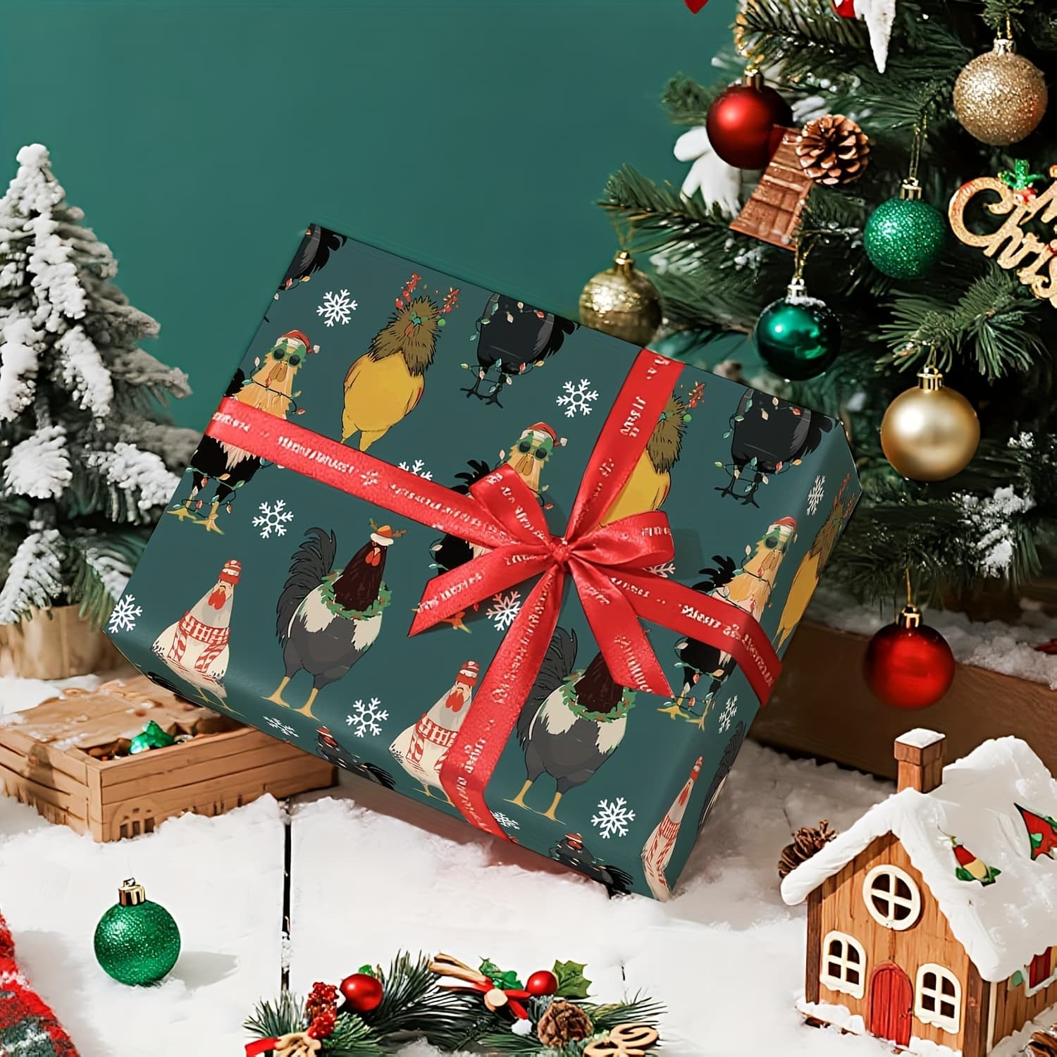 TEMU 58*23inch Christmas Chicken & Snowflake Wrapping Paper - Farmhouse Style Design With Black & White , Durable Polypropylene Gift Wrap For Christmas, Birthdays