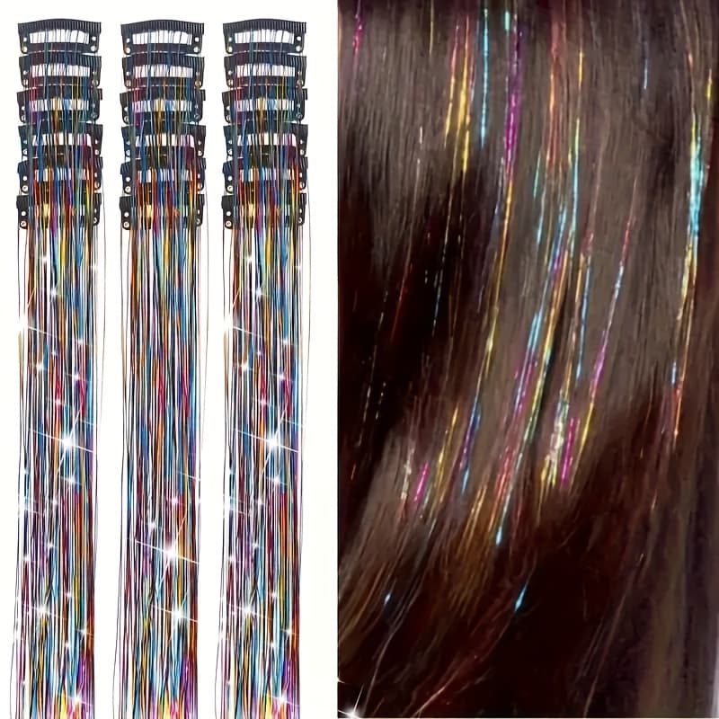 TEMU Beautiful Wig Clips Cross-border Laser 18pcs Set Tinsel Hair Colorful Shiny Golden And Silvery Thread Gift Box Bb Clips Hair Extensions Christmas Gift