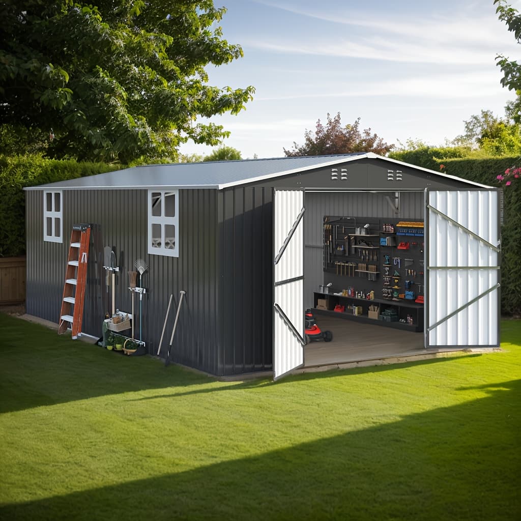 TEMU 12x18 Ft Outdoor Storage Shed, Extra-large Metal Shed With Hinged Door And Windows, Heavy-duty Metal Tool Shed For Backyard, Garden, Patio, Or Lawn Black