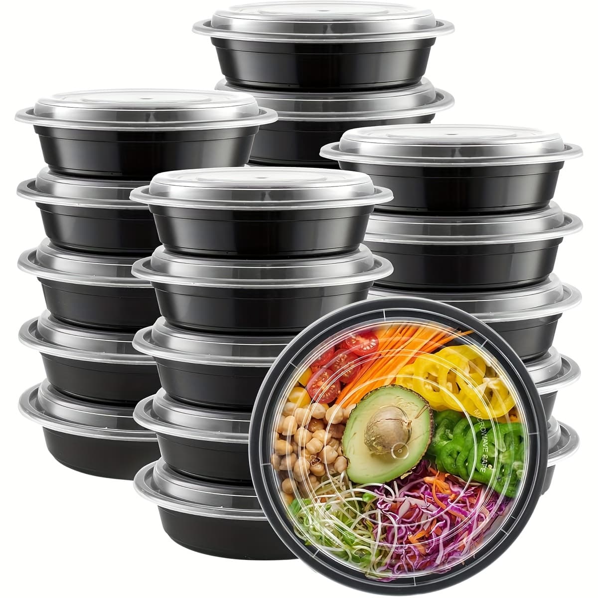 TEMU 24oz Round Meal Storage Container Plastic Lunch Plan Box With Lid Disposable Takeaway Bowl Black, Reusable Stack