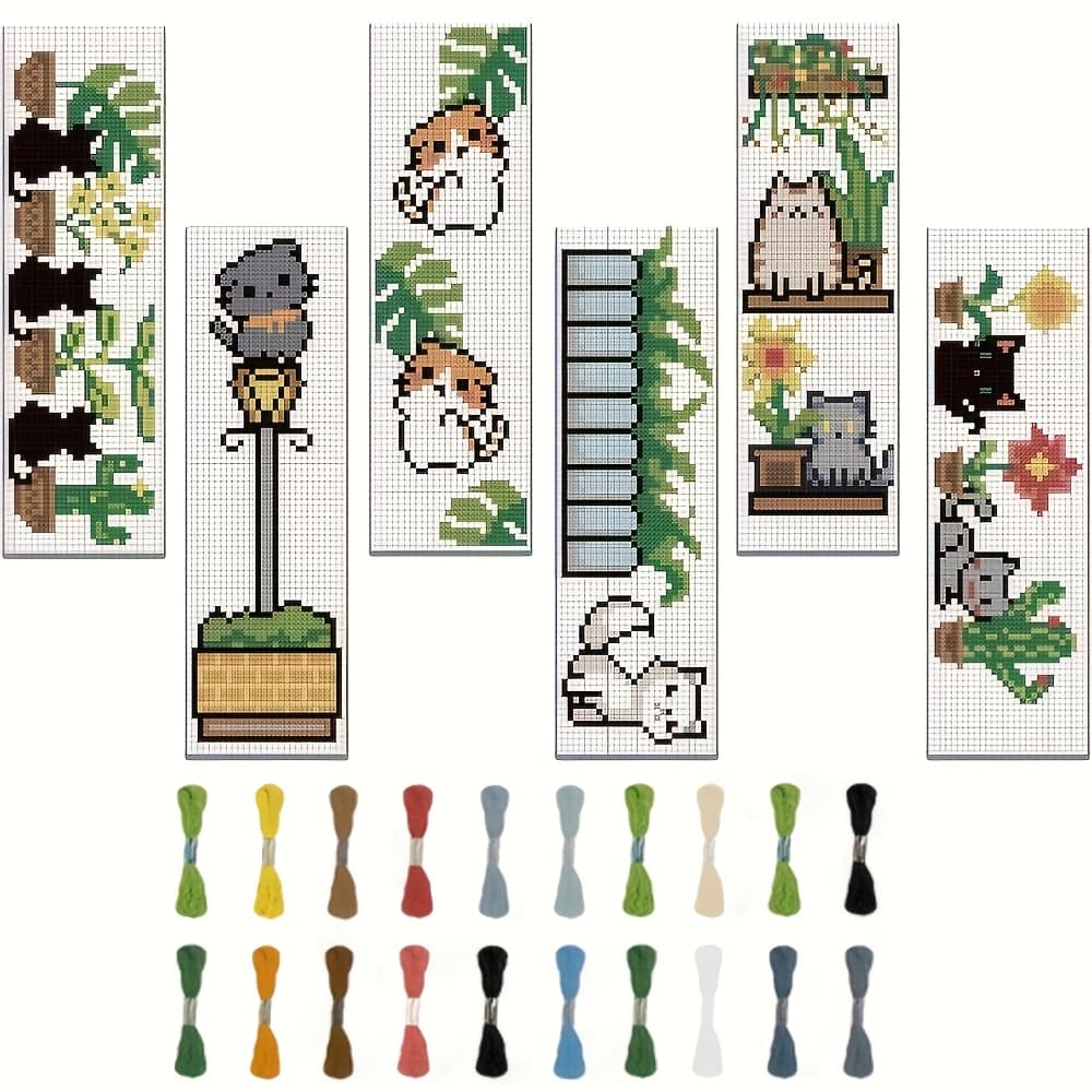 TEMU 6pcs Bookmark Cross- Kit, Beginner-friendly Cross- Embroidery Sewing Kit, Cute Cat Printed , Suitable For Beginners, Fabric Bookmark Making Kit