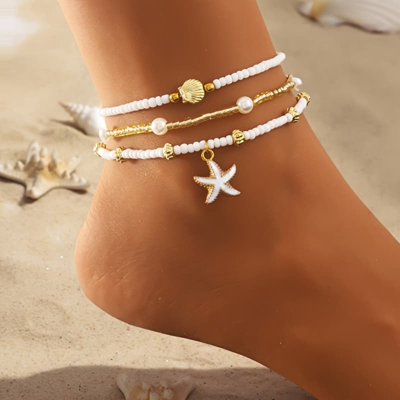 TEMU 3pcs Bohemian Summer Beach Beaded Anklet Set, Decorated With Pearl, Shell And Starfish, Perfect For Women's Holiday Wear
