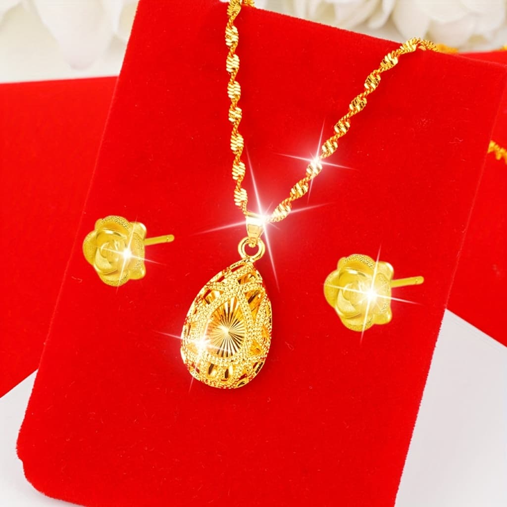 TEMU 24k Gold Plated Rose & Water Drop Jewelry Set - Hollow Ripple Necklace & Earrings, Bridal Wedding Party Wedding Collarbone Chain, Birthstone Gift For Women (valentine's Day, ) - Luxury