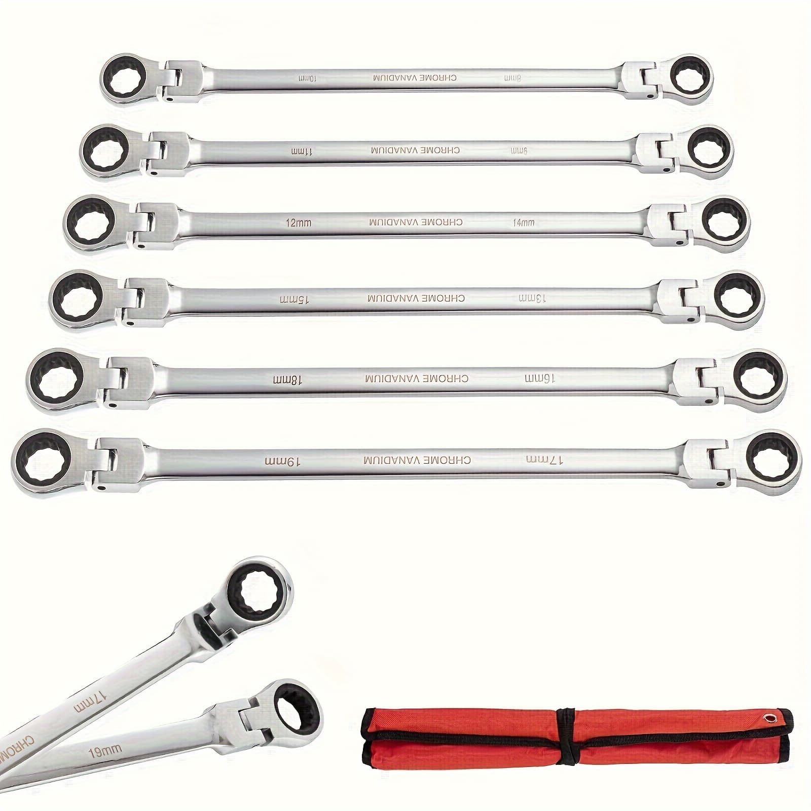 TEMU Extra Long Ratcheting Wrench Set, 8-19mm Metric Flex-head End Ratcheting Combination Wrench, Chrome Vanadium Steel Ratcheting Spanner Wrenches With Carrying Bag