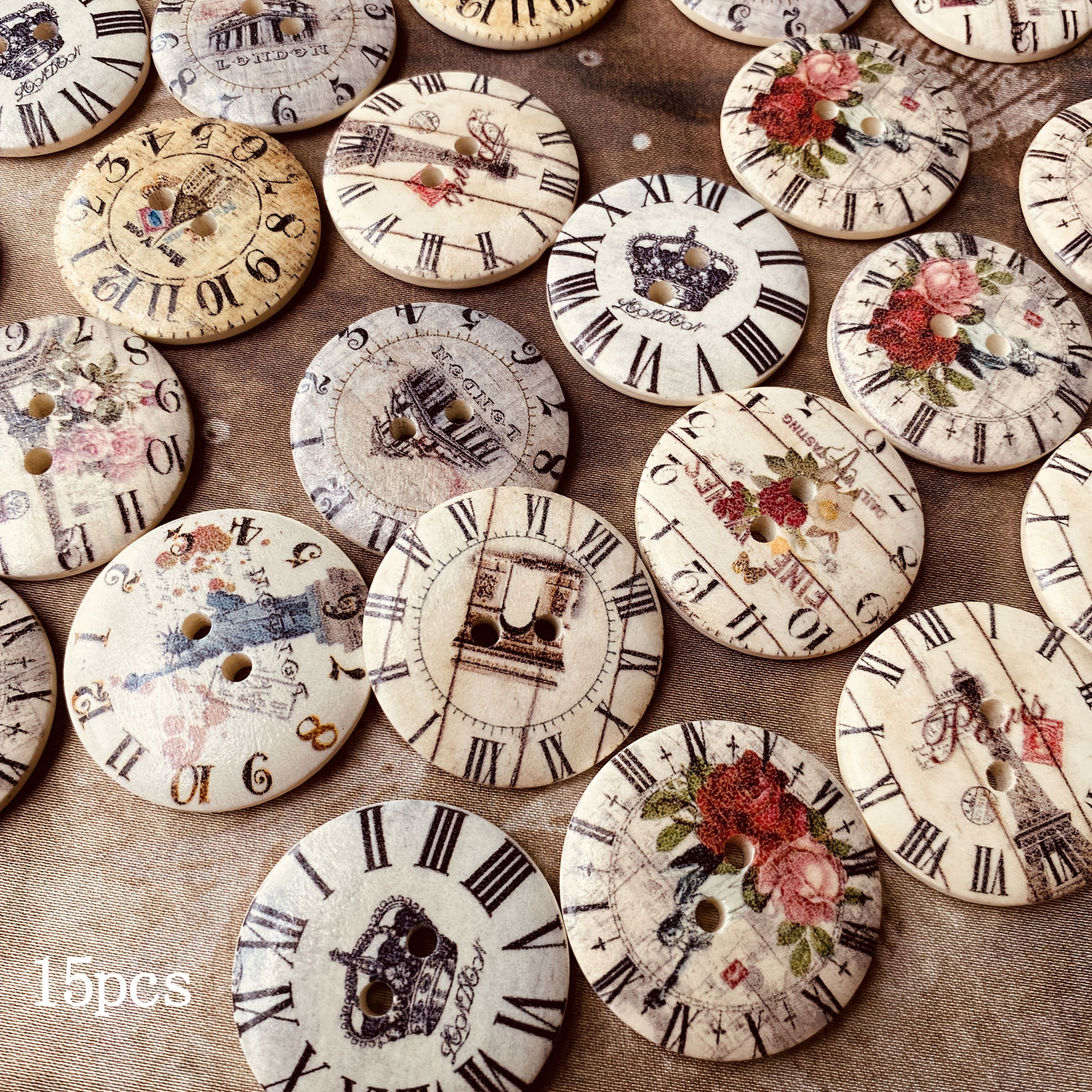 TEMU 15pcs Large 30mm Vintage Recycled Wood Buttons With Roman , Floral & Clock Faces - Wood Buttons In Mixed Colors (for Sewing,, Hairbands, Clothing Embellishments) - Wood For Diy