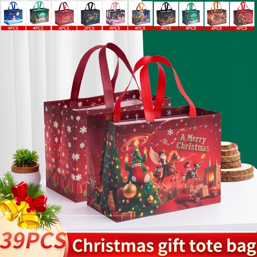 TEMU 39pcs Set Of Pink Christmas Gift Bags Made From Non-woven Fabric Featuring Santa And , Perfect For Holiday Party Favors, Gifts, Use, Grocery Shopping, Picnics, And Reusable Shopping