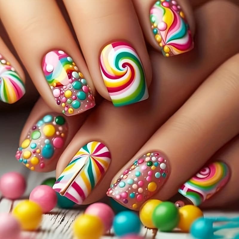 TEMU 48pcs (2 Boxes) Rainbow-colored Elegant Dot Lollipop Candy Press-on Nails Removable False Nails Press-on False Nails (including Nail File And Jelly Glue)