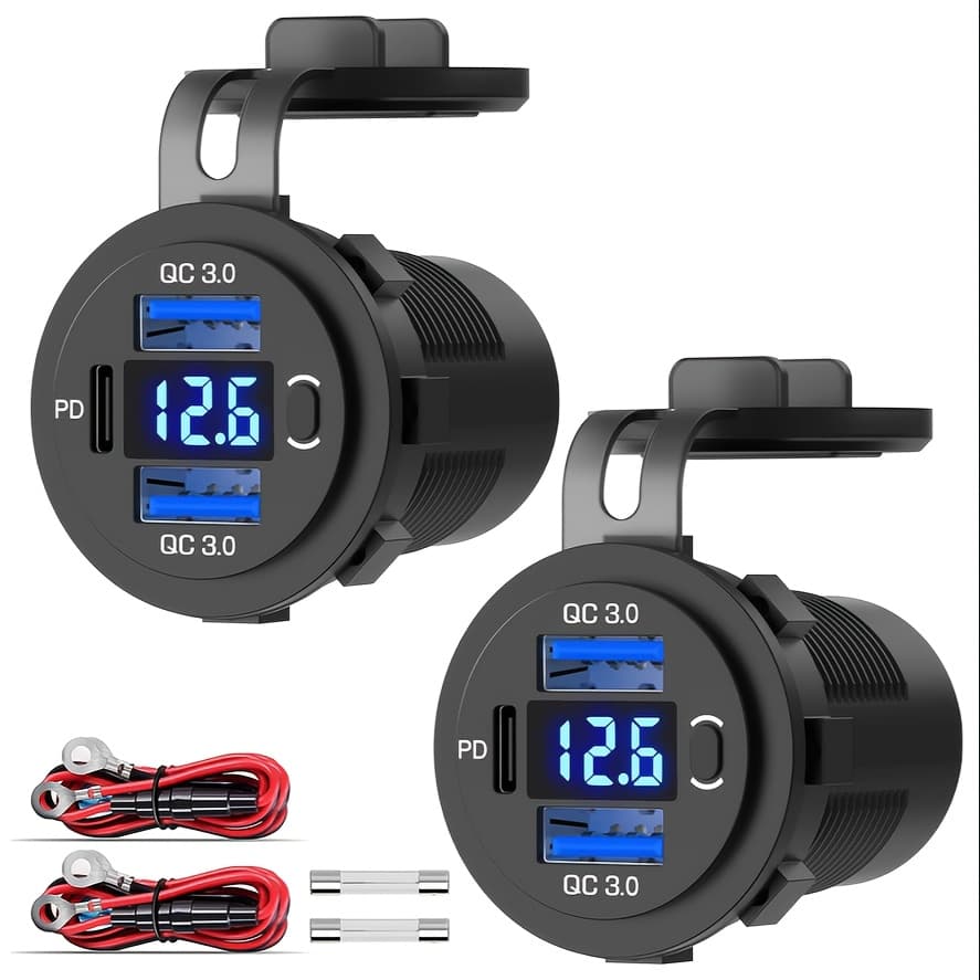 TEMU 2pcs Car Charger Outlet With Pd Port & Qc3.0 Dual Usb- Device Charger, 12v/24v Power Supply, Voltage Display & Switch Compatible For For Car, Boat, Motorcycle, Rv, Marine - Usb-c, Usb- Ports