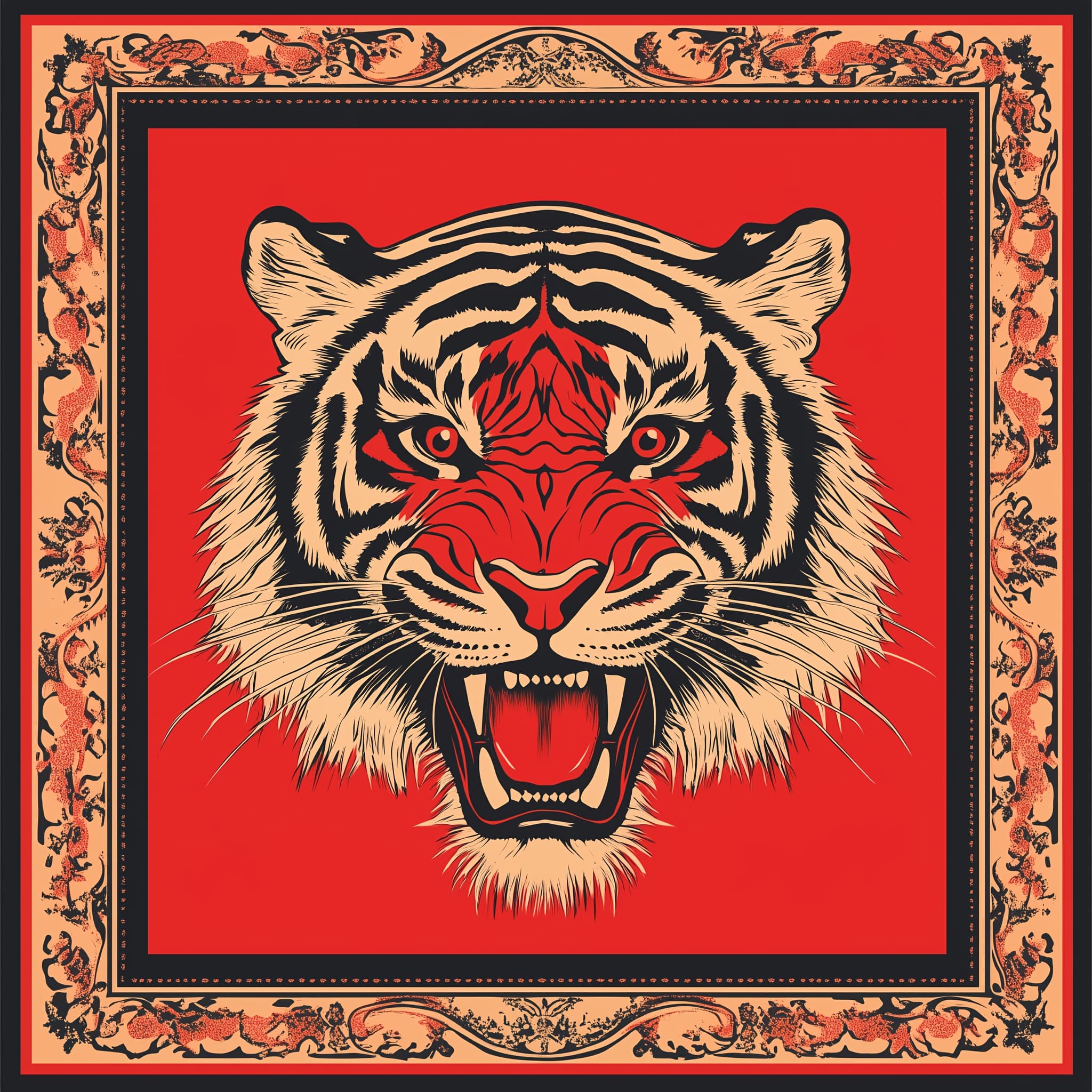 TEMU Overbearing Scarf, With Rich Red Base, Eyes , Red Eyes Bright, Forehead Patterns And Facial Lines Fully Displaying Majesty. Retro Floral Border Like Exquisite Picture Frame