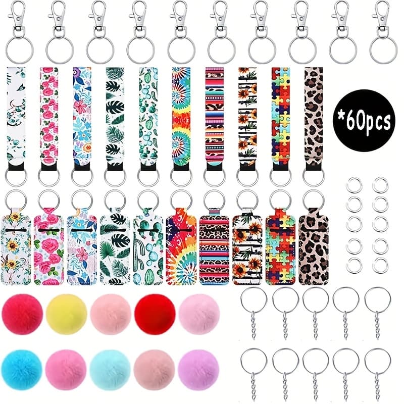 TEMU 60 Keychain Set, Including 10 Lipstick Holder Keychains, 10 Wrist Straps, 20 Keychains, 10 Plush Balls, And 10 Jump Rings Diy Keychain Making Gifts