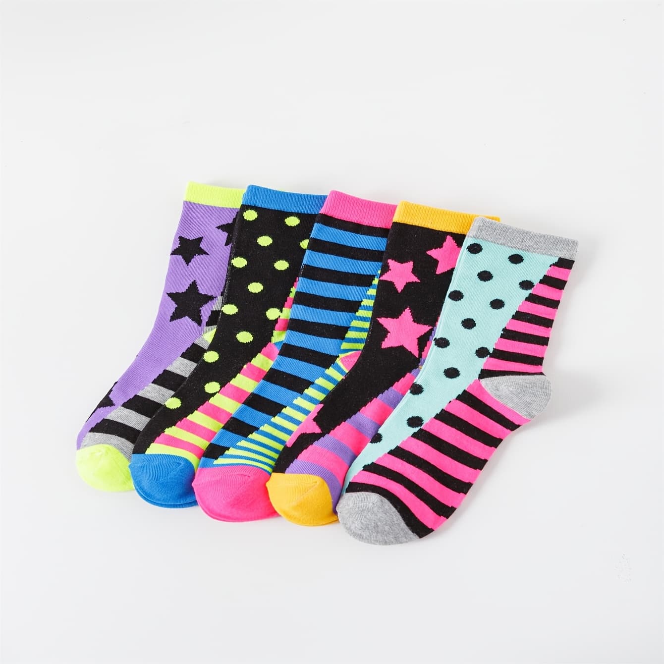 TEMU 5-pair Women's Star And Stripe Color-block Trendy Mid-tube Socks,