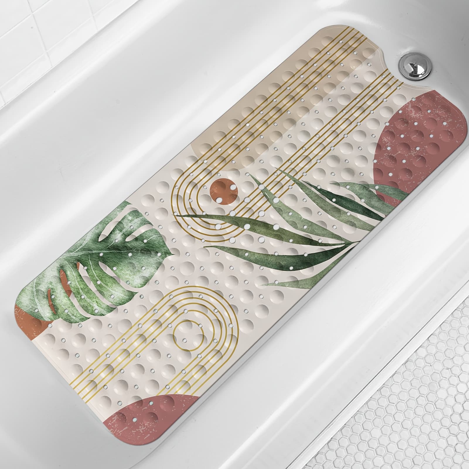 TEMU Non-slip Bathtub Mat, Bohemian Extra Long 40 X 16 Inch Anti-slip Mat For Bathtubs, Abstract Boho Art Shower Mat Featuring Drain Holes And Suction Cups, Washable In Machine