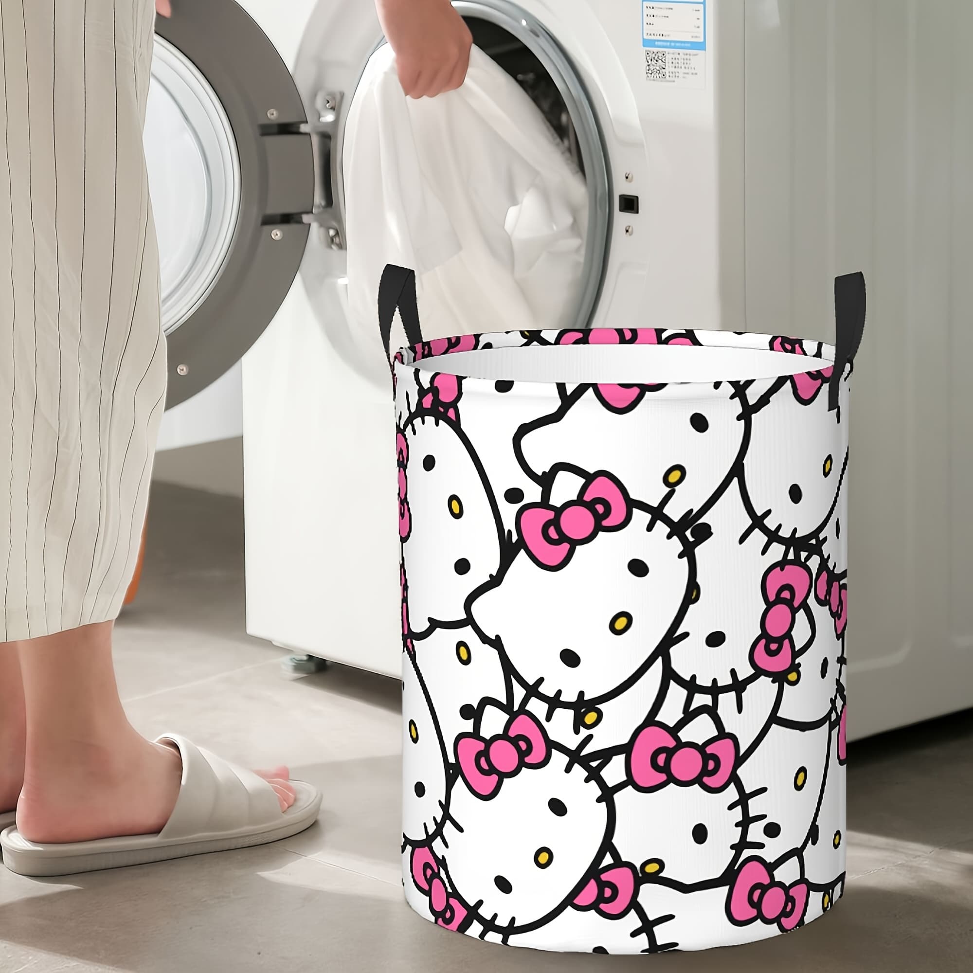 TEMU Hello Kitty Portable Laundry Basket - Sturdy Handle, Durable Polyester, Easy To Store - Official Product, Ideal For Bedroom, Living Room, And Laundry Room, Laundry Baskets