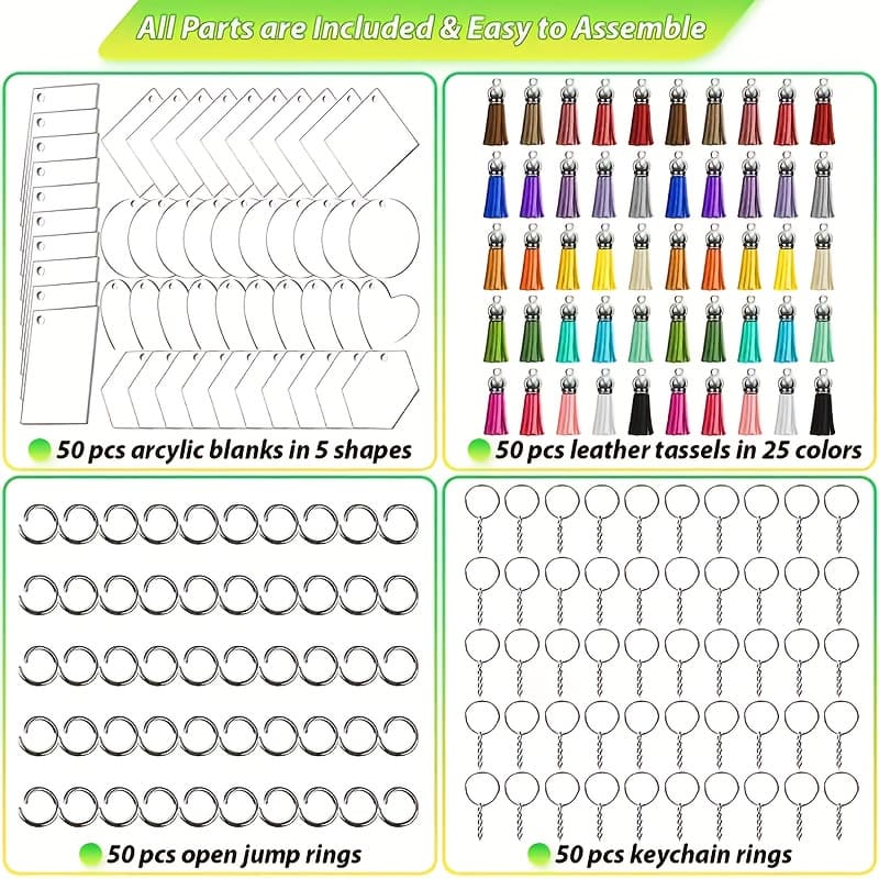 TEMU 200pcs Acrylic Blank Keychains Pendants Kit For Vinyl, Acrylic Keychain Blanks Bulk With 5 Shapes Clear Acrylic Disc Leather Tassel Charms Key Chains Jump Ring For Craft Ornament Engrave Painting