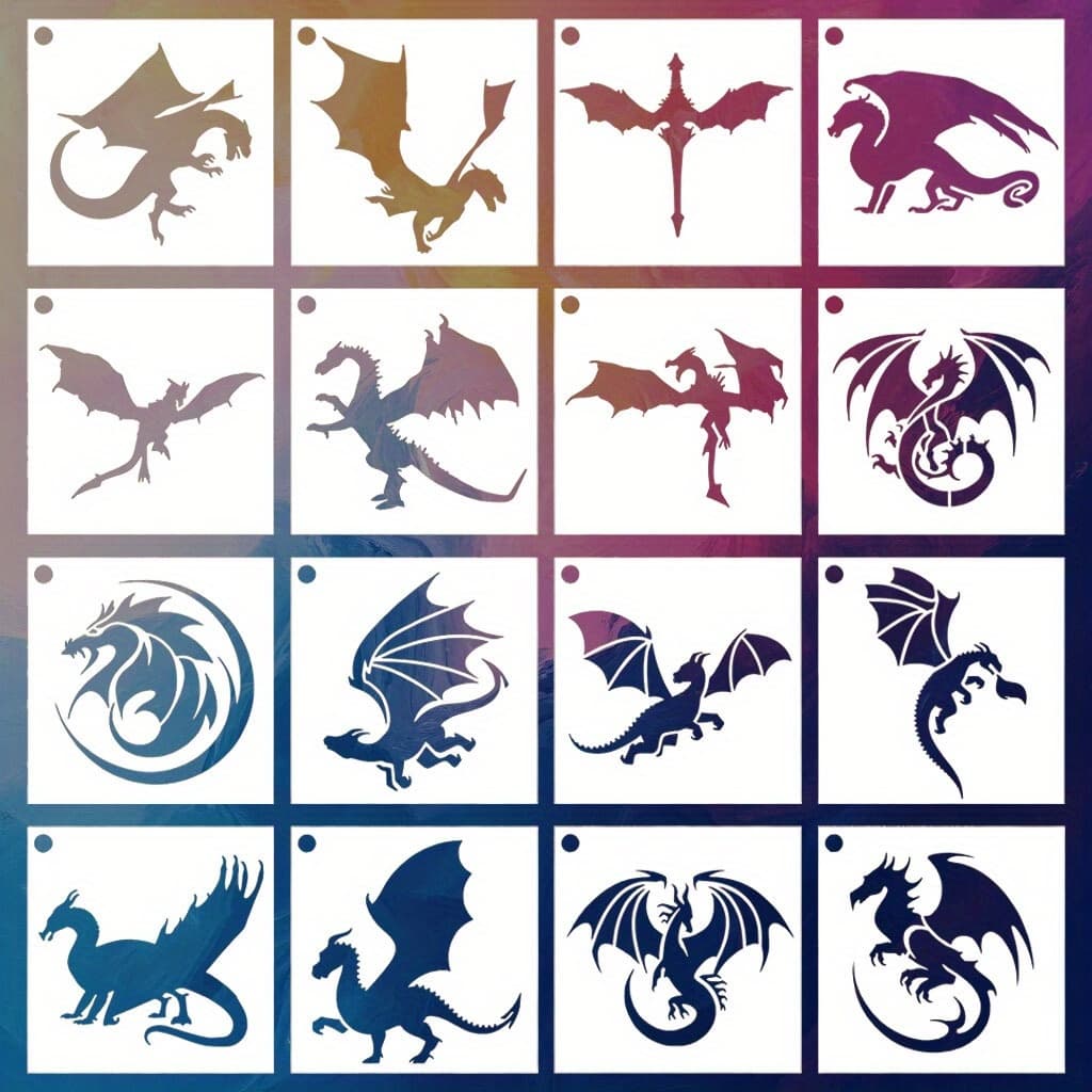 TEMU 16pcs Reusable Dragon Painting Stencils For Wall Decor, Plastic Spray Paint Stencils Diy Furniture Room Wall Canvas Ideas Decoration