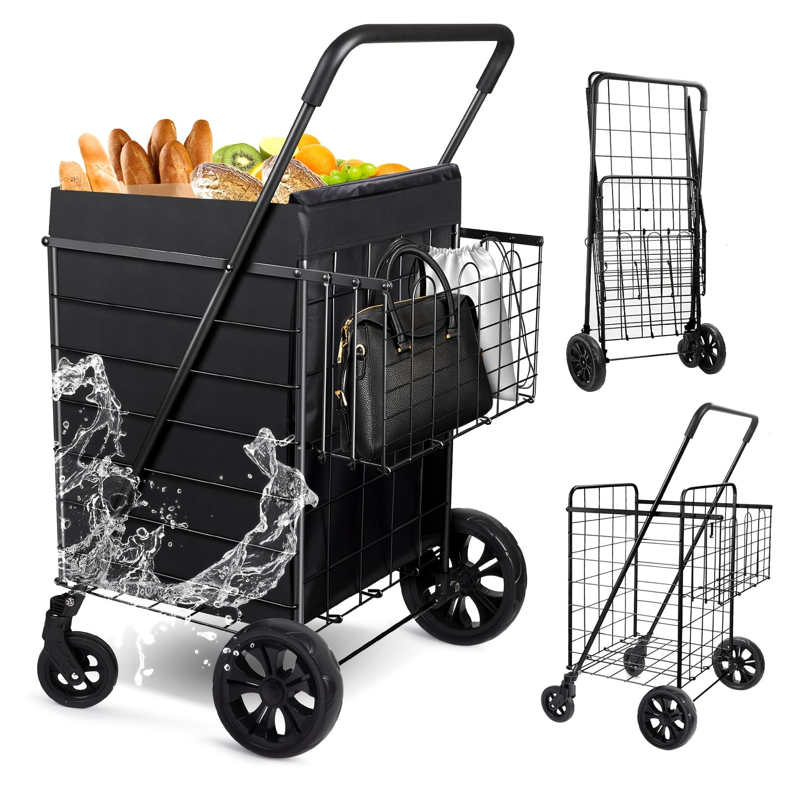 TEMU Shopping Cart Featuring A Liner And 360-degree Swivel Wheels, Ideal For Groceries And Laundry. Foldable, Lightweight, And Designed As A, Heavy-duty Utility Cart