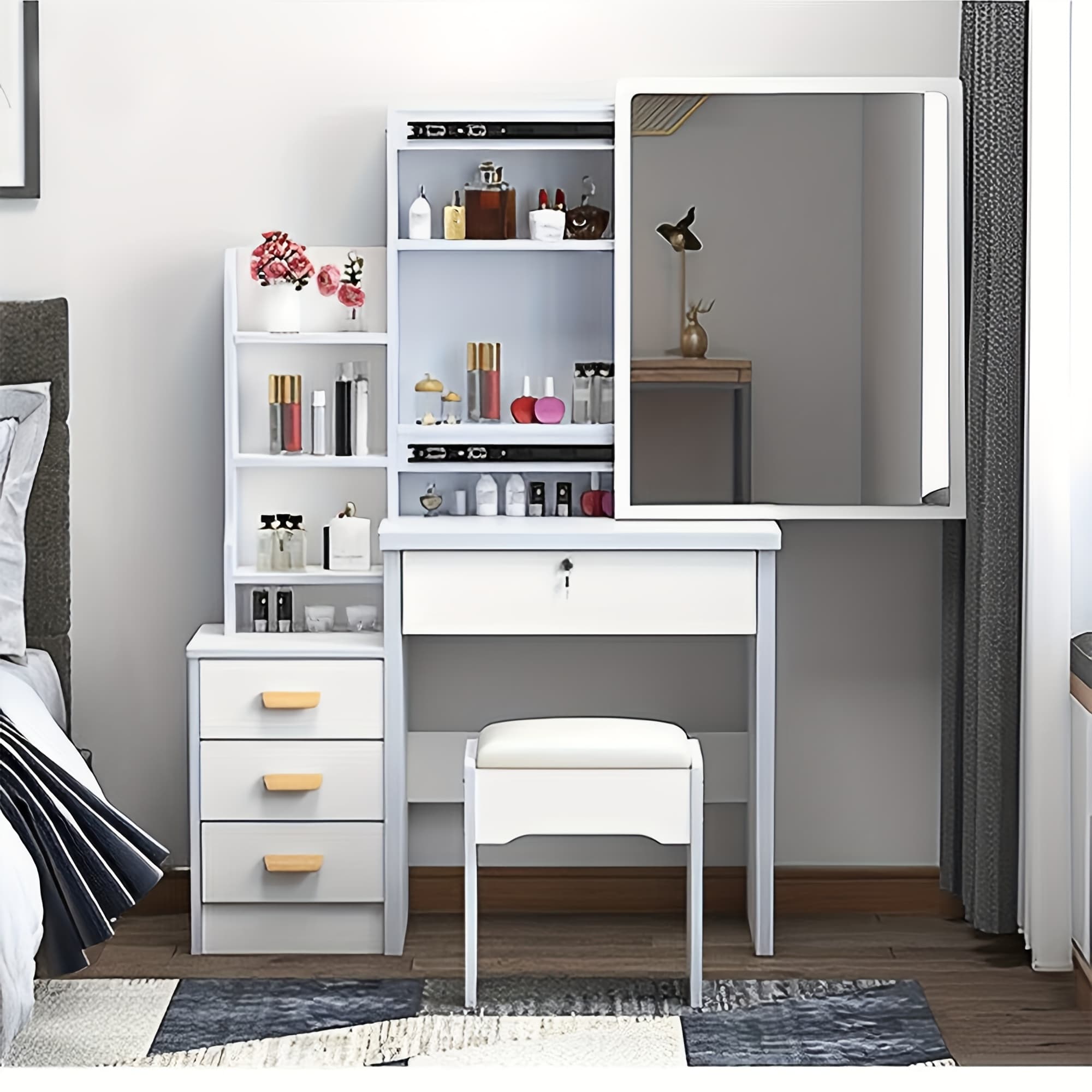 TEMU Fashion Vanity Desk With Mirror And Lights, Makeup Vanity Table With 4 Drawers, 4 Shelves, Vanity Table For Bedroom, Bathroom, White, With 3 Color Lighting Brightness Adjustable, White