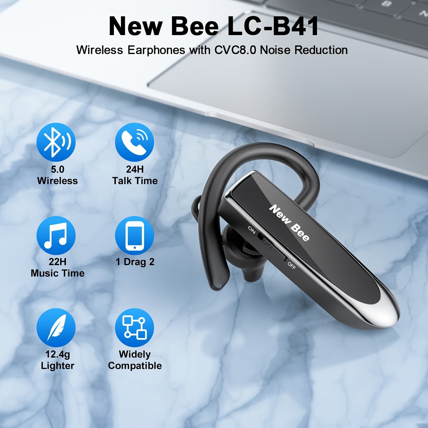TEMU Wireless Earpiece V5.0 Wireless Headset With Microphone 24 Hrs Driving Headset 60 Days Standby Phone Laptop Trucker Driver (black)