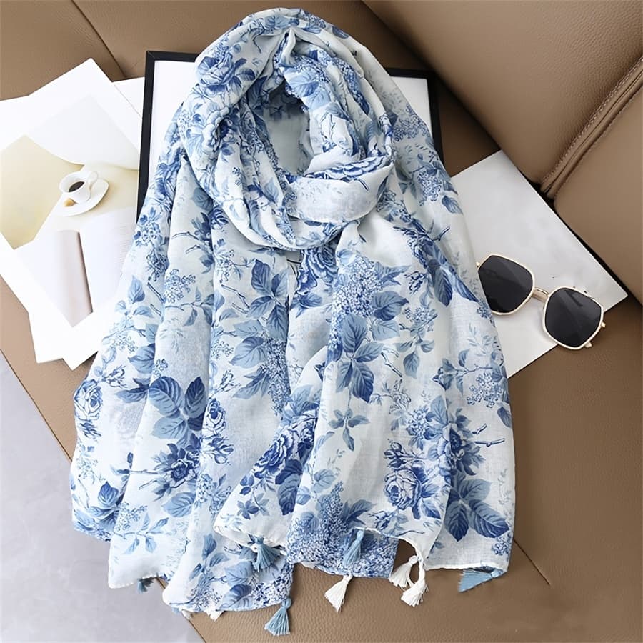 TEMU Spring Summer New Women's And White Porcelain Floral Casual Tassel Scarf Fashion Scarf Headscarf Sunscreen Sheer Scarf Travel Vacation Beach Towel Shawl