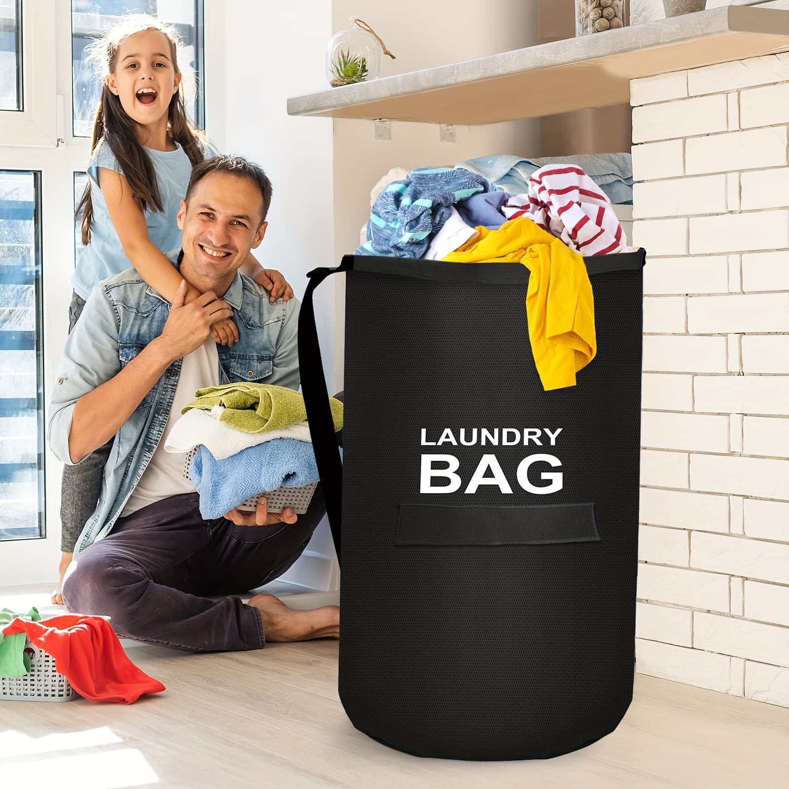 TEMU Portable Laundry Bag, Foldable Dirty Clothes Organizer, Travel Hamper With Adjustable Shoulder Strap, Drawstring Storage Backpack For School, Outdoor, Laundry Hampers