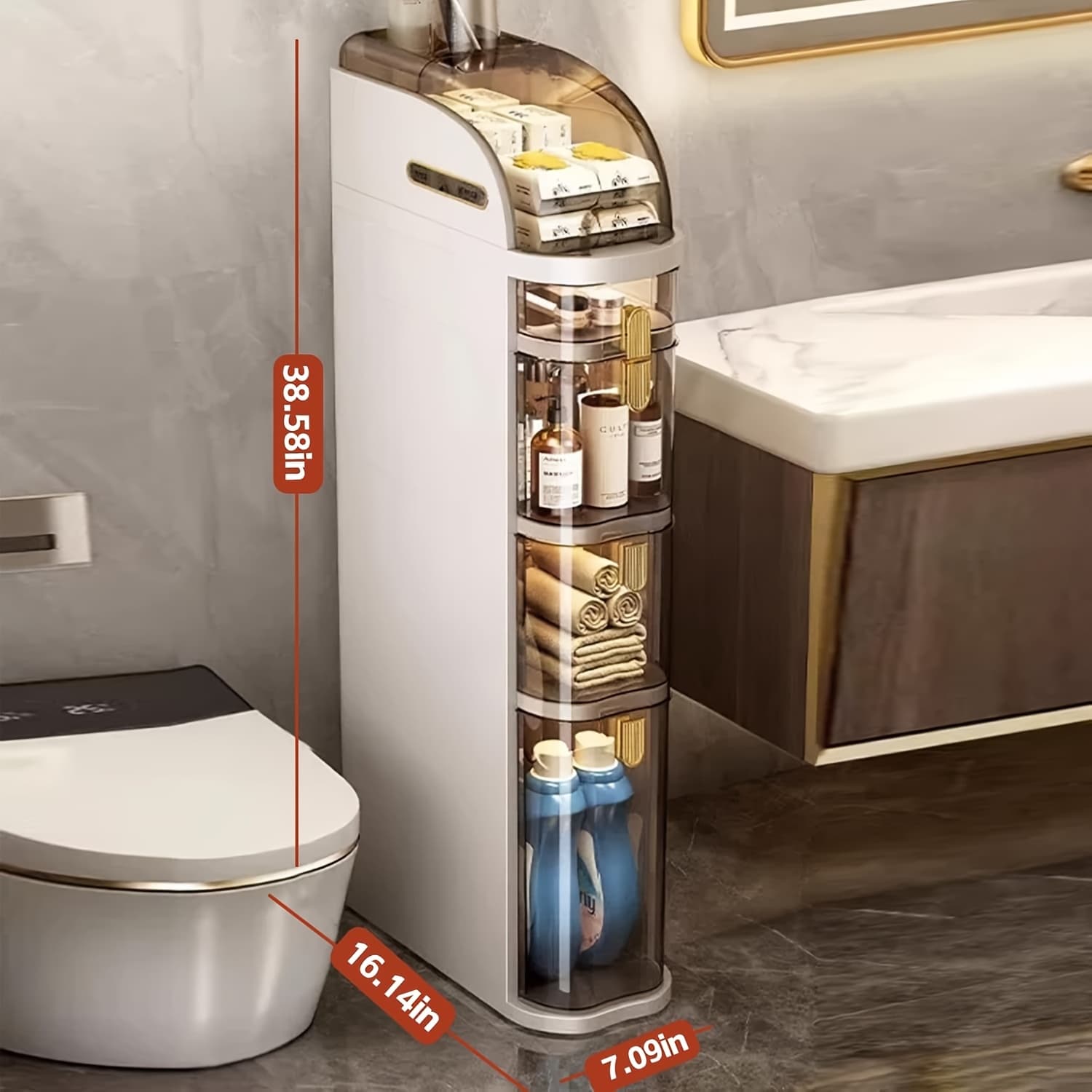 TEMU 3/4-tiers Slim Bathroom Locker. Narrow Plastic Drawer Organizer With Tissue Box And Wheels, Waterproof Slit Bathroom Floor Cabinet With Handles, Suitable For Small Space Kitchen Laundry